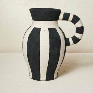 Large handle Black White Striped Vase Goth Maximalist Decor Clay